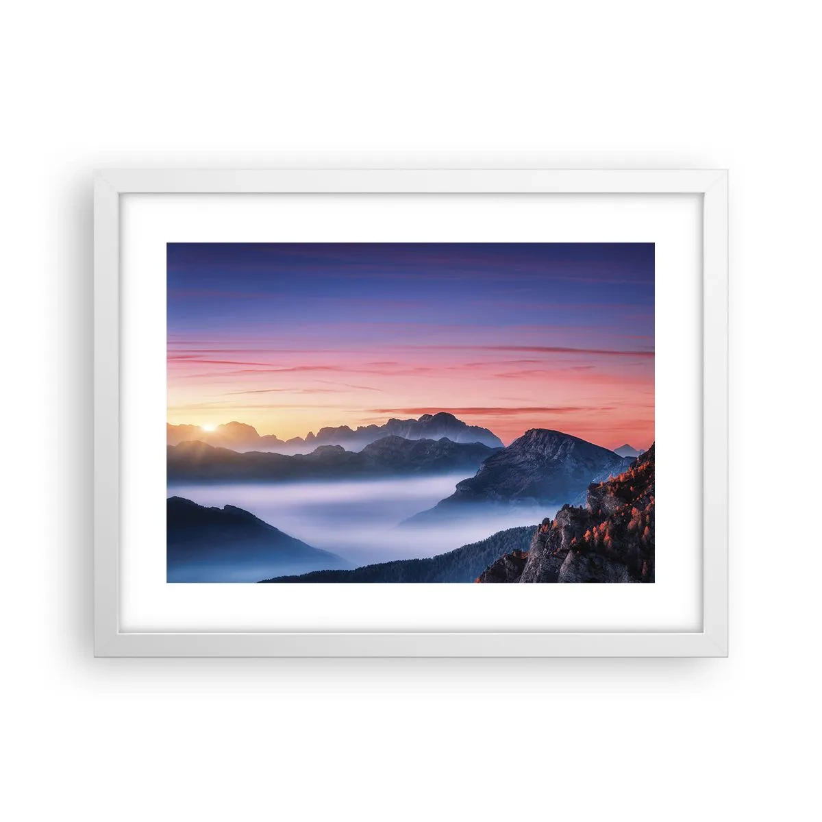 Poster in einem weißen Rahmen - Über die Täler - 40x30 cm