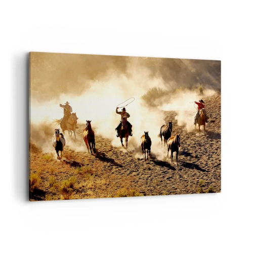 Bild auf Leinwand - Leinwandbild - Cowboys zu Pferd in Aktion im Wüstengelände - 120x80cm - Wirklich wilder Westen - Moderne Wanddekoration für Wohnzimmer und Schlafzimmer ARTTOR