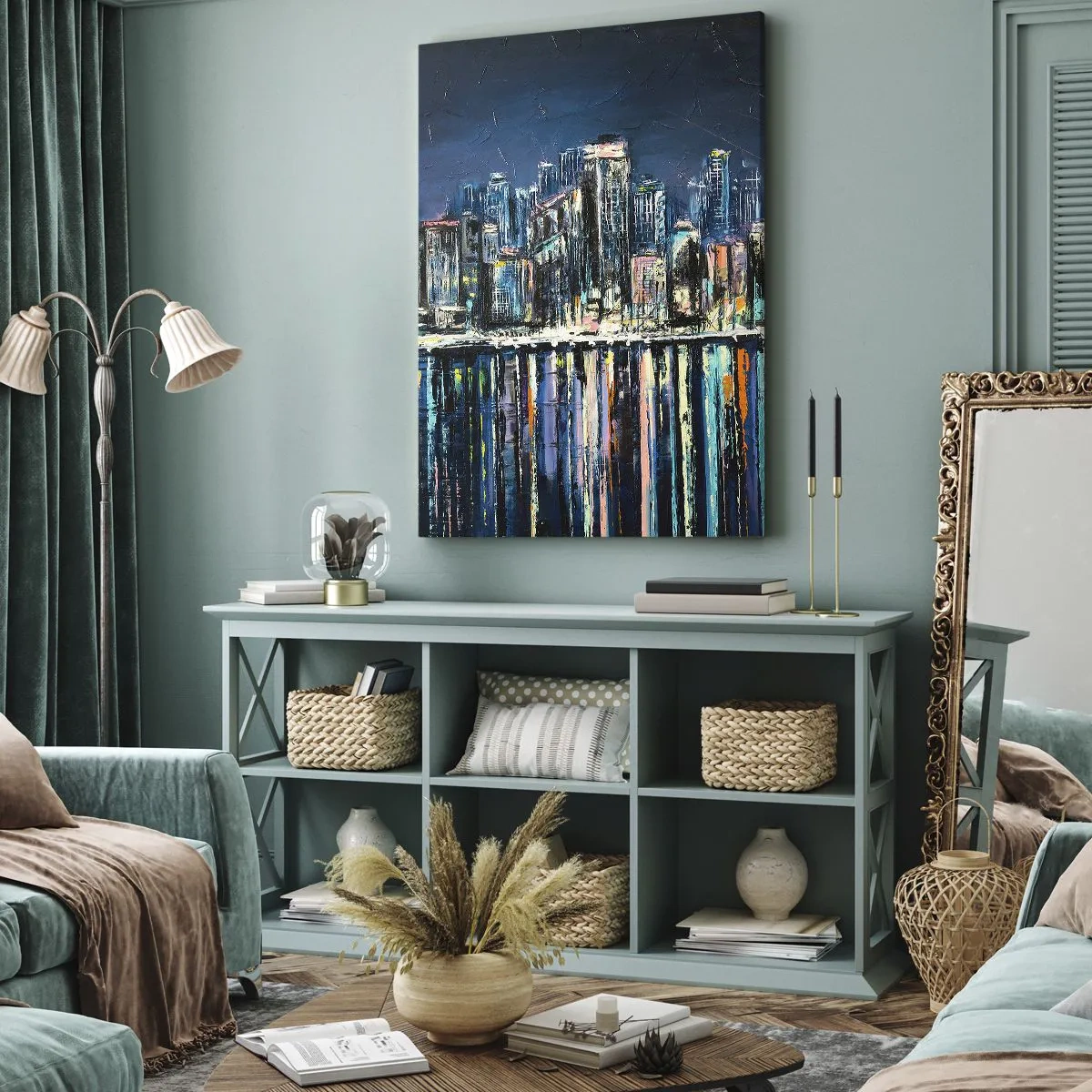 Bild auf Leinwand - Leinwandbild - Panorama der nächtlichen Stadt, die sich im Wasser spiegelt - 50x70cm - Kaskade von Lichtern - Moderne Wanddekoration für Wohnzimmer und Schlafzimmer ARTTOR