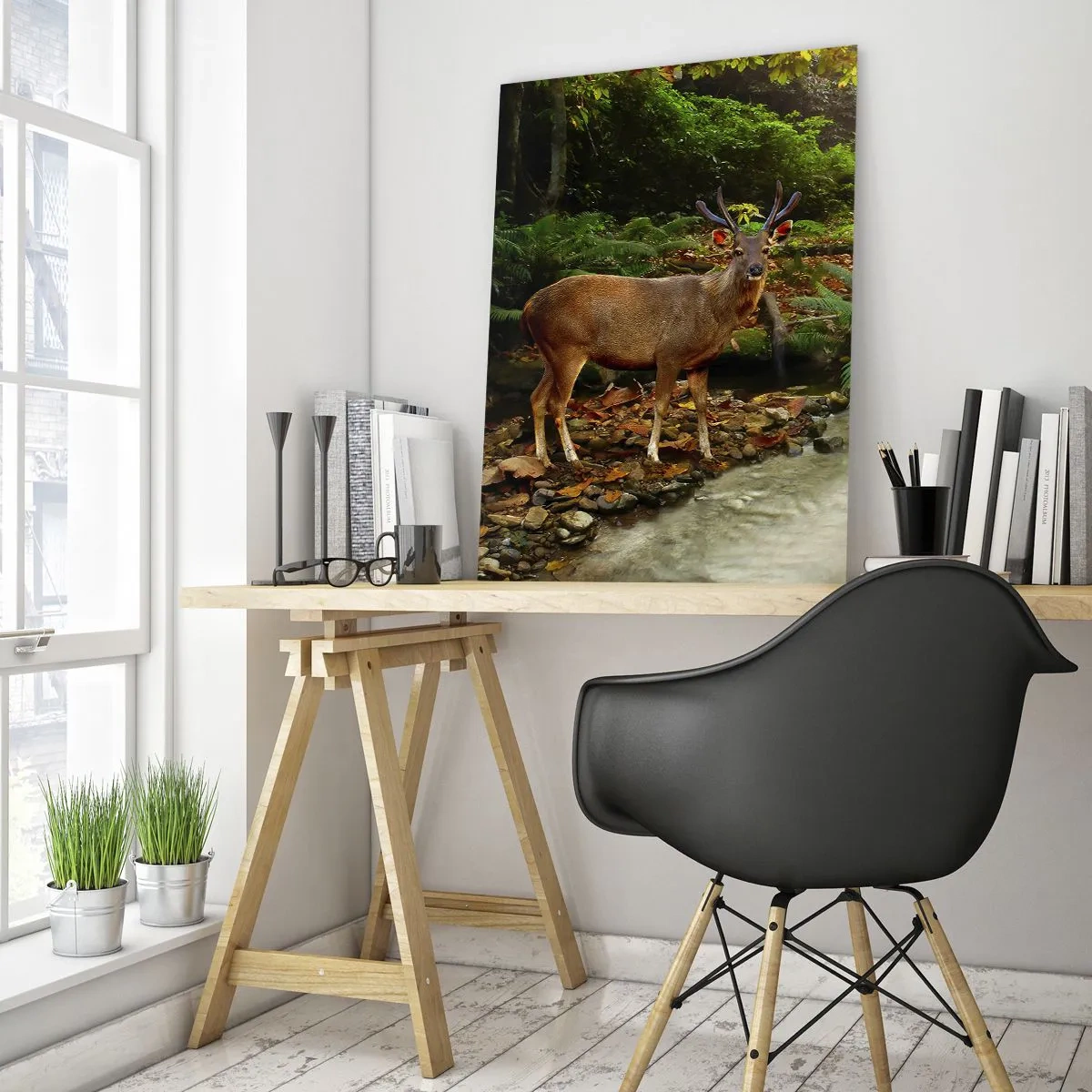 Glasbild - Bild auf glas - Ein Reh an einem Bach in einem sonnenbeschienenen Wald - 50x70cm - Willkommen in meiner Welt - Moderne Wanddekoration für Wohnzimmer und Schlafzimmer ARTTOR