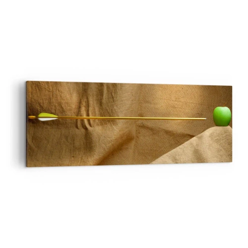 Bild auf Leinwand - Leinwandbild - Grüner Apfel auf Stoff mit einem Pfeil, der eine Komposition ergibt - 140x50cm - Beschwöre den Geist von Wilhelm Tell - Moderne Wanddekoration für Wohnzimmer und Schlafzimmer ARTTOR