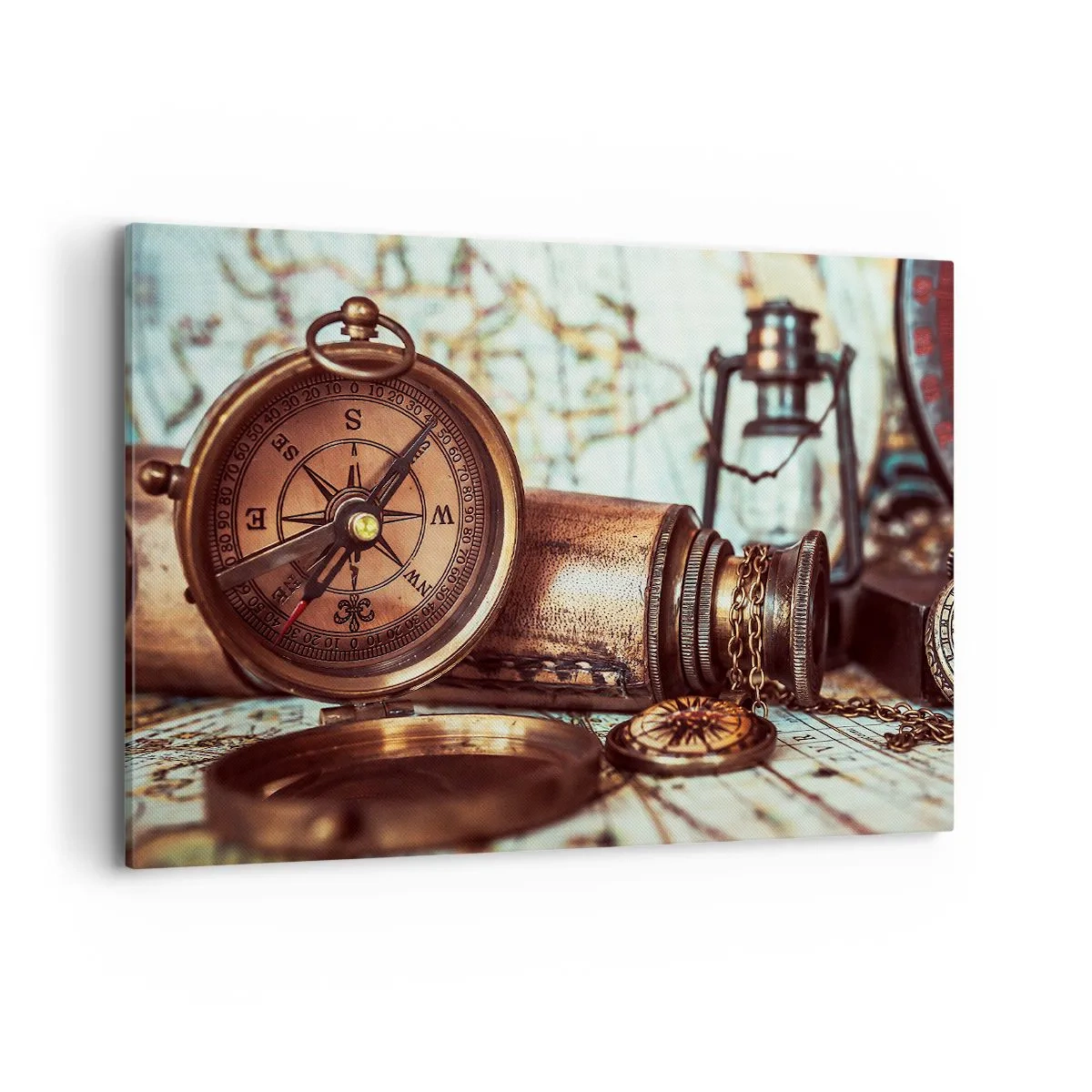 Bild auf Leinwand - Leinwandbild - Ein Retro-Set mit Kompass, Teleskop und Karte im Reisethema - 120x80cm - Ein Piratenabenteuer in der Karibik wartet - Moderne Wanddekoration für Wohnzimmer und Schlafzimmer ARTTOR