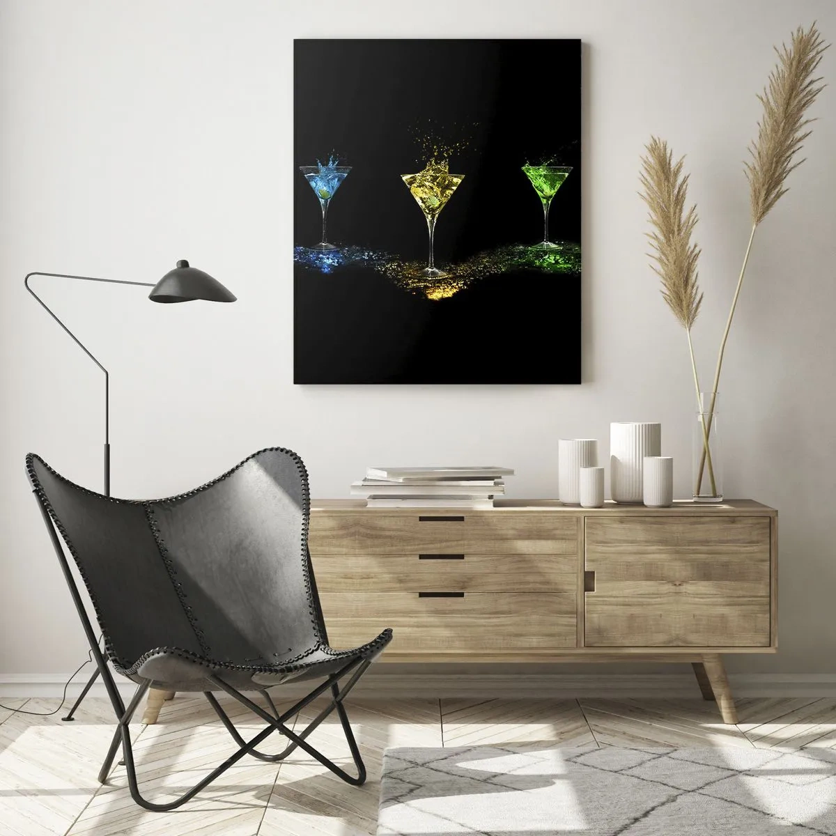 Glasbild - Bild auf glas - Bunte Getränke in Gläsern auf schwarzem Hintergrund - 50x70cm - Farben der Freude in Kristallglas - Moderne Wanddekoration für Wohnzimmer und Schlafzimmer ARTTOR