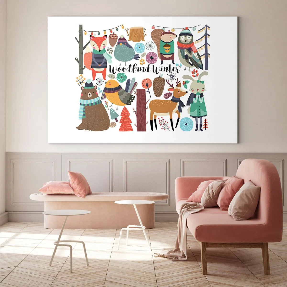 Glasbild - Bild auf glas - Winterwald mit niedlichen Tieren in der Illustration - 100x70cm - Märchenhafter Urlaub im Wald - Moderne Wanddekoration für Wohnzimmer und Schlafzimmer ARTTOR