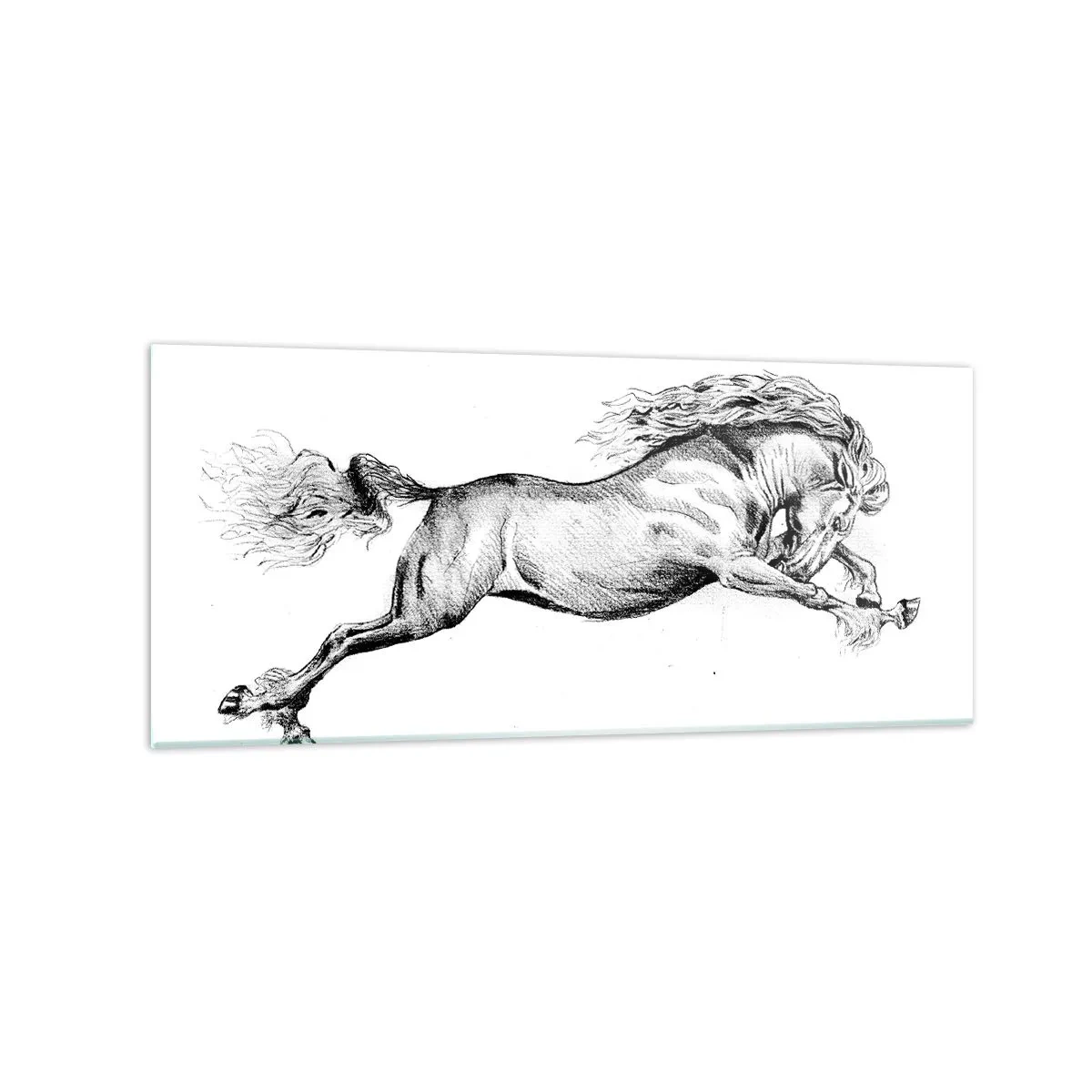 Glasbild - Bild auf glas - Skizze eines Pferdes im dynamischen Galopp auf weißem Hintergrund - 120x50cm - Im Galopp festgehalten - Moderne Wanddekoration für Wohnzimmer und Schlafzimmer ARTTOR