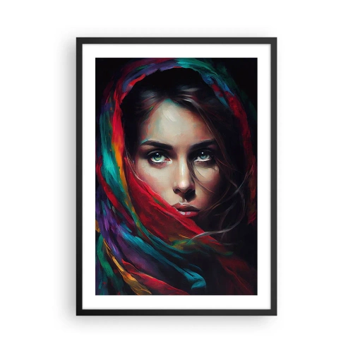 Poster in einem schwarzem Rahmen - Porträt einer Frau mit buntem Schal - 50x70cm - Grünäugiges Geheimnis - Moderne Wanddekoration für Wohnzimmer und Schlafzimmer ARTTOR