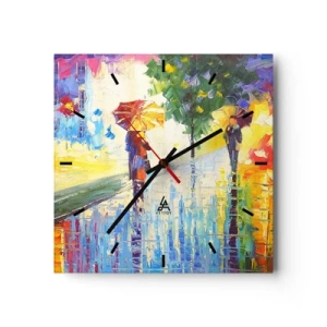 Wanduhr - Glasuhr - Ein Spaziergang mit Regenschirm in einer farbenfrohen Regenlandschaft - 30x30cm - Und alles klar - Moderne Wanddekoration für Wohnzimmer und Schlafzimmer ARTTOR