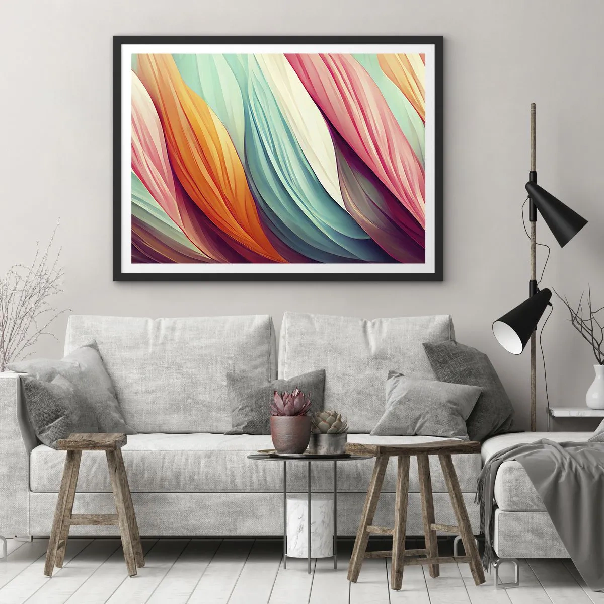Poster in einem schwarzem Rahmen - Abstrakte Linien in Pastell- und leuchtenden Farben - 100x70cm - Regenbogengewebe - Moderne Wanddekoration für Wohnzimmer und Schlafzimmer ARTTOR