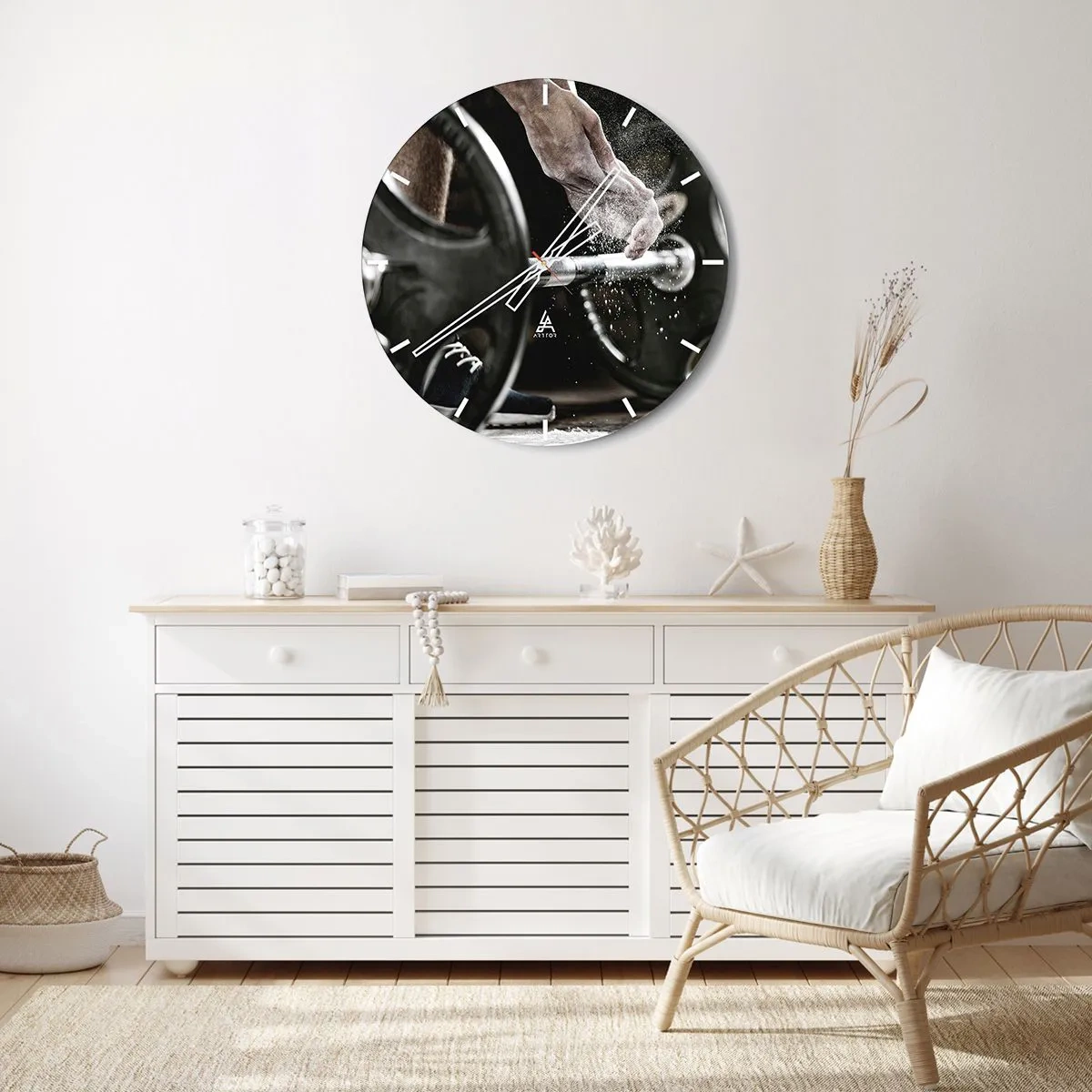 Wanduhr - Glasuhr - Hantel und Hand beim Training - 30x30cm - Herausforderung angenommen! - Moderne Wanddekoration für Wohnzimmer, Küche und Schlafzimmer ARTTOR