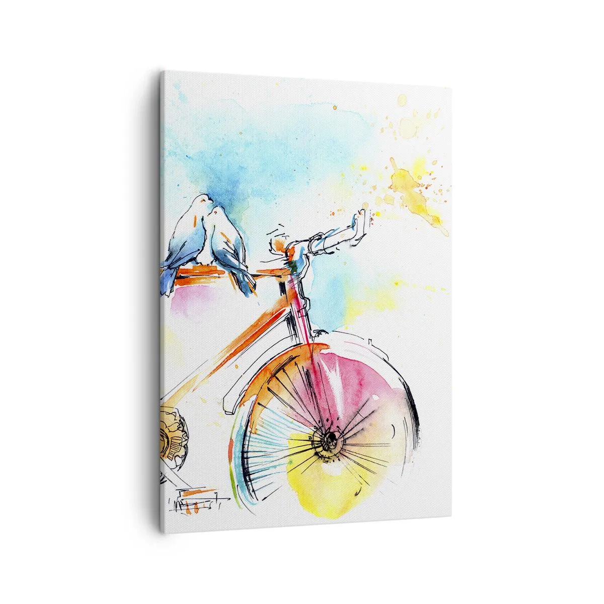 Bild auf Leinwand - Leinwandbild - Buntes Aquarell eines Fahrrads mit darauf sitzenden Vögeln - 50x70cm - Fahrrad für zwei - Moderne Wanddekoration für Wohnzimmer und Schlafzimmer ARTTOR