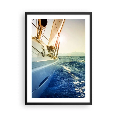 Poster in einem schwarzem Rahmen - Eine Yacht, die im warmen Licht der Sonne durch ein ruhiges Meer segelt - 50x70cm - Auf ins Abenteuer - Moderne Wanddekoration für Wohnzimmer und Schlafzimmer ARTTOR