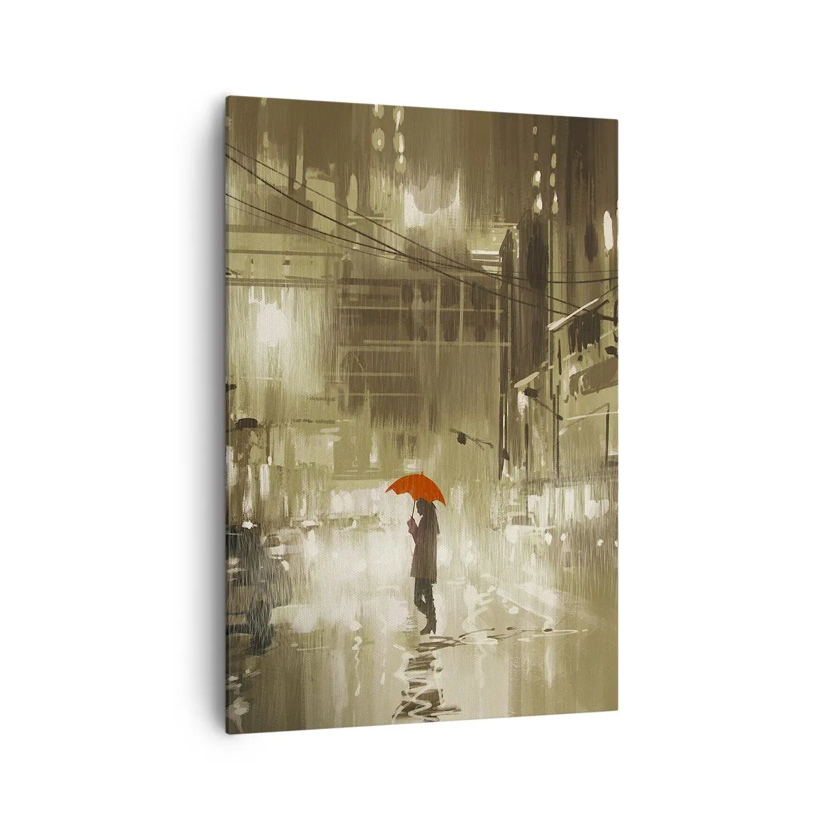 Bild auf Leinwand - Leinwandbild - Eine Figur mit einem roten Regenschirm in einer verregneten Stadt - 70x100cm - Allein aber nicht einsam - Moderne Wanddekoration für Wohnzimmer und Schlafzimmer ARTTOR