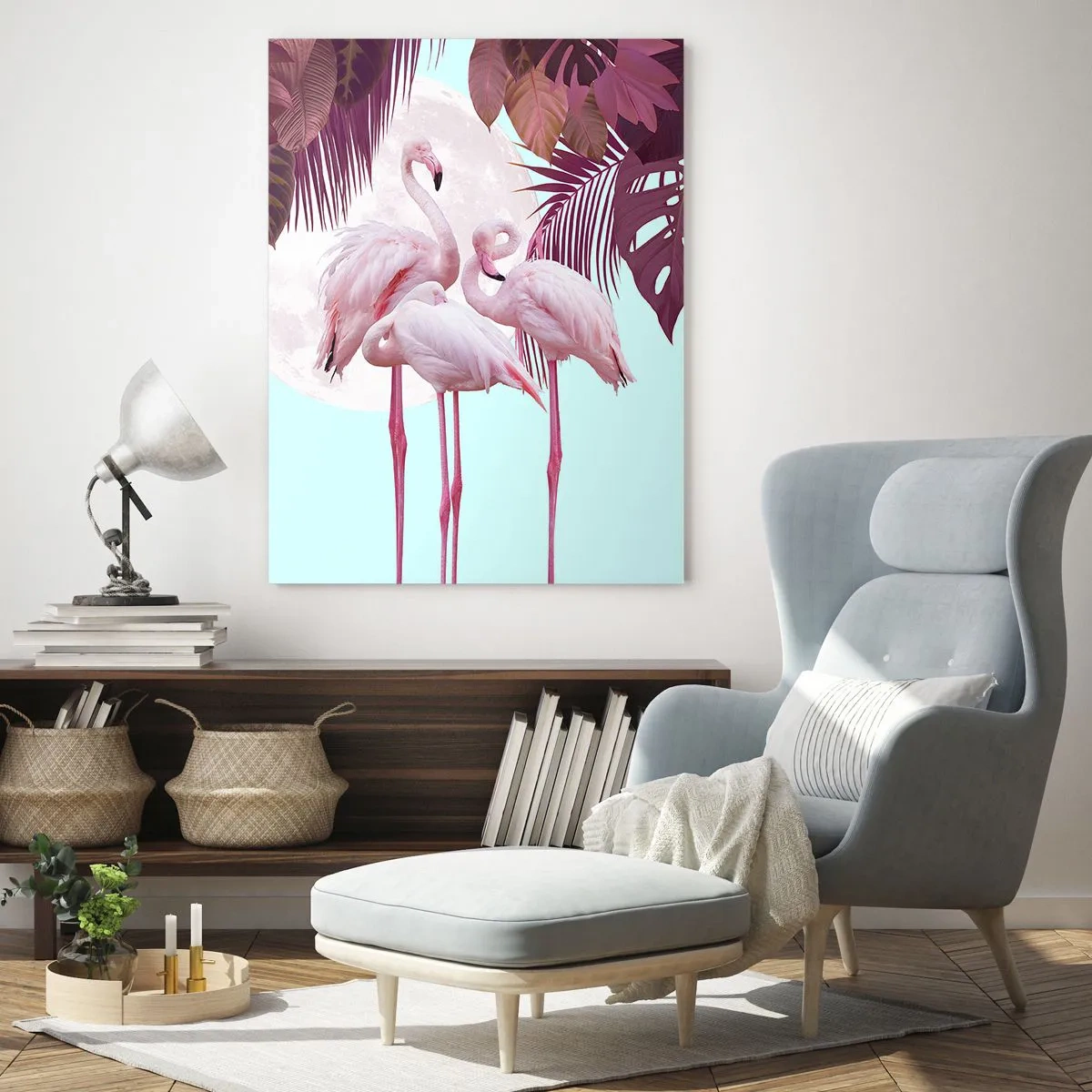 Glasbild - Bild auf glas - Rosa Flamingos vor dem Hintergrund des Mondes und tropischer Blätter - 70x100cm - Drei Vogelgnaden - Moderne Wanddekoration für Wohnzimmer und Schlafzimmer ARTTOR