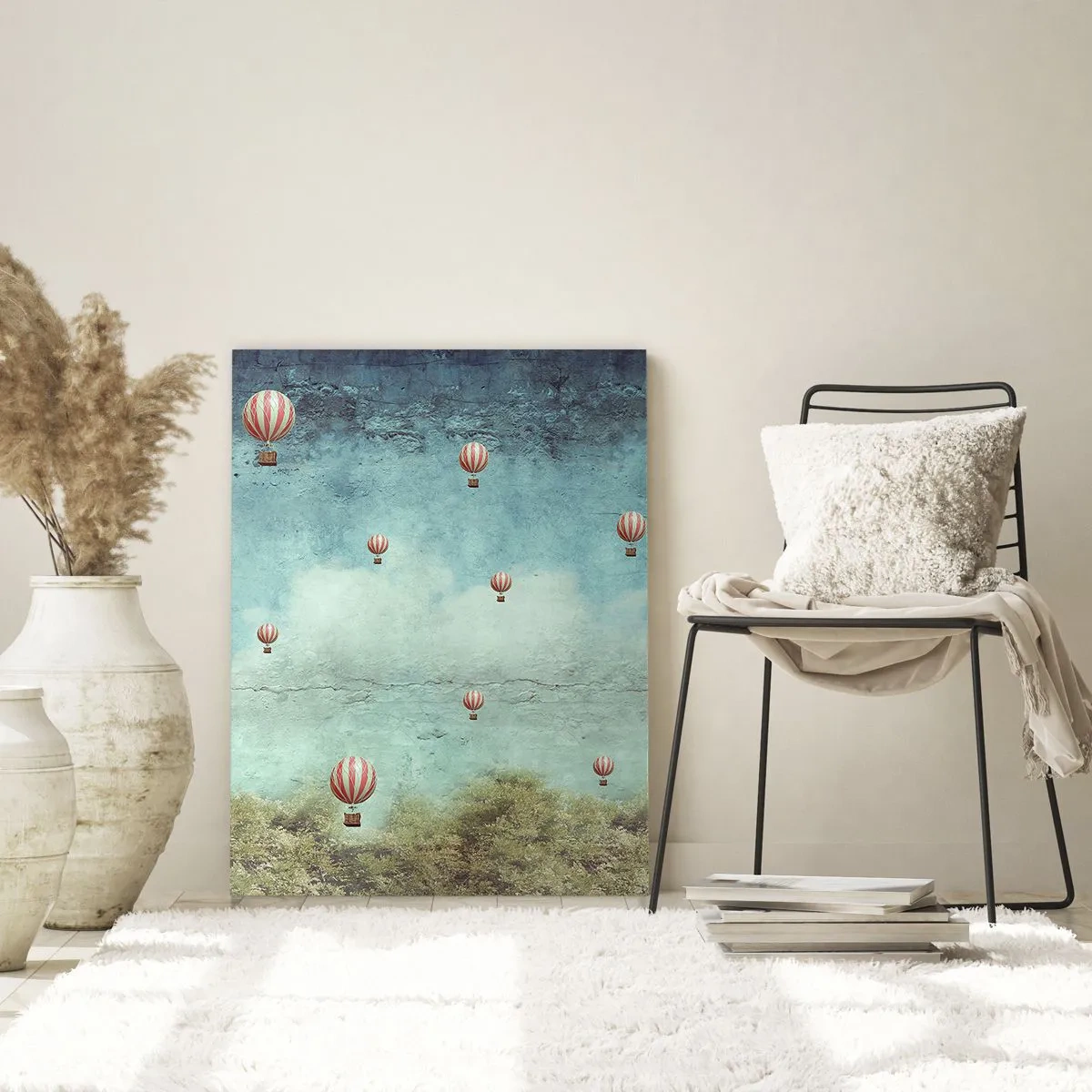 Glasbild - Bild auf glas - Retro-Ballons vor blauem Himmel und grünem Hintergrund - 70x100cm - Frei von der Hektik des Lebens - Moderne Wanddekoration für Wohnzimmer und Schlafzimmer ARTTOR