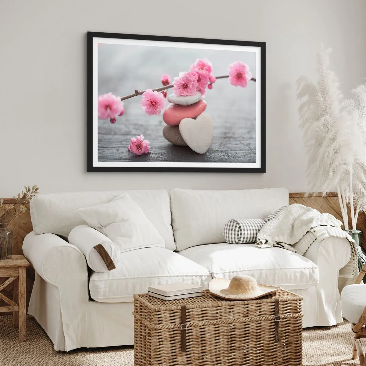 Poster in einem schwarzem Rahmen - Glückseligkeit mit einer Kirschblüte - 91x61 cm
