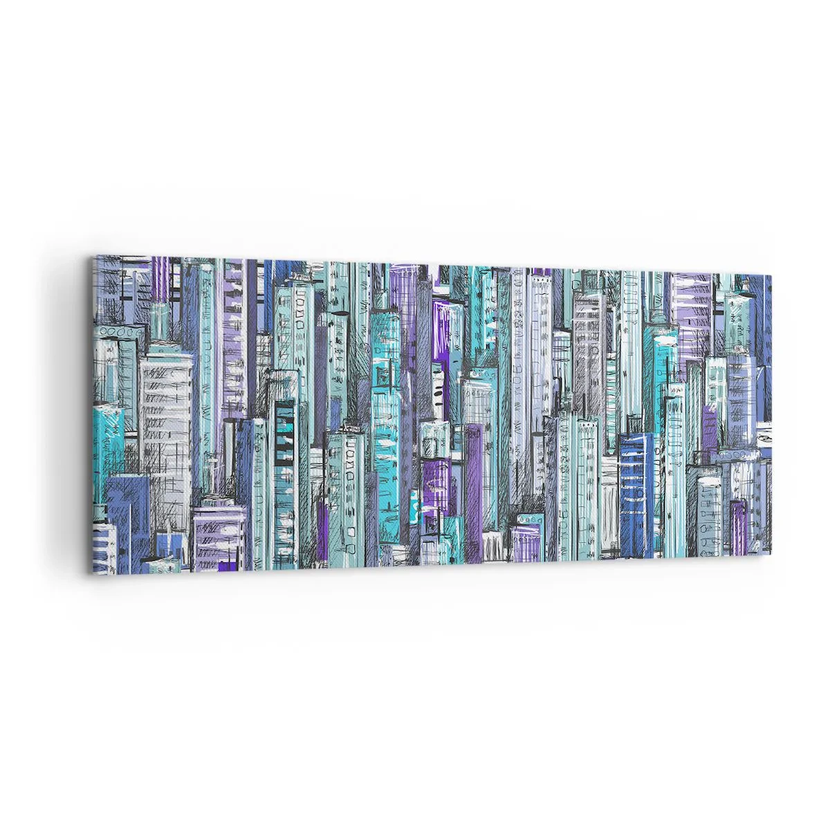 Bild auf Leinwand - Leinwandbild - Illustration einer Stadt mit geometrischen Gebäuden in Blau- und Lilatönen. - 120x50cm - Bläulich von dem Himmel - Moderne Wanddekoration für Wohnzimmer und Schlafzimmer ARTTOR