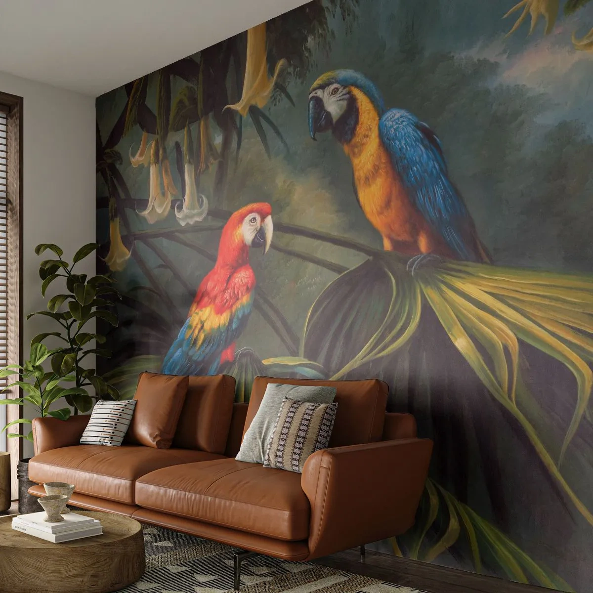 Selbstklebende Fototapete Deluxe Sticker - Romantik in den Tropen - Ara-Papagei, Tiere, Tropenwald - 350x256 cm