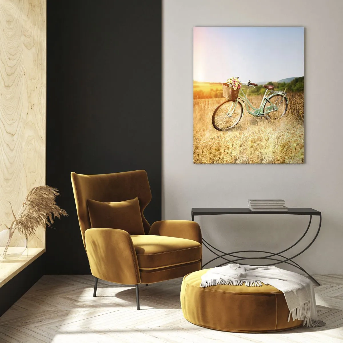 Glasbild - Bild auf glas - Ein Retro-Fahrrad mit einem Korb voller Blumen vor einem Wiesenhintergrund. - 80x120cm - Ich bleibe eine Weile hier - Moderne Wanddekoration für Wohnzimmer und Schlafzimmer ARTTOR