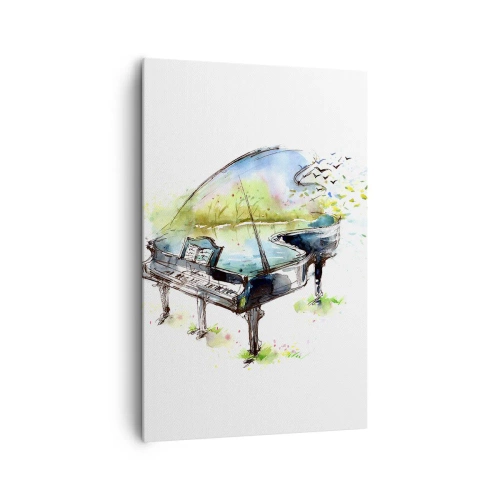 Bild auf Leinwand - Leinwandbild - Künstlerische Aquarellmalerei eines Klaviers mit der Natur im Hintergrund - 80x120cm - Von Musik verzaubert - Moderne Wanddekoration für Wohnzimmer und Schlafzimmer ARTTOR