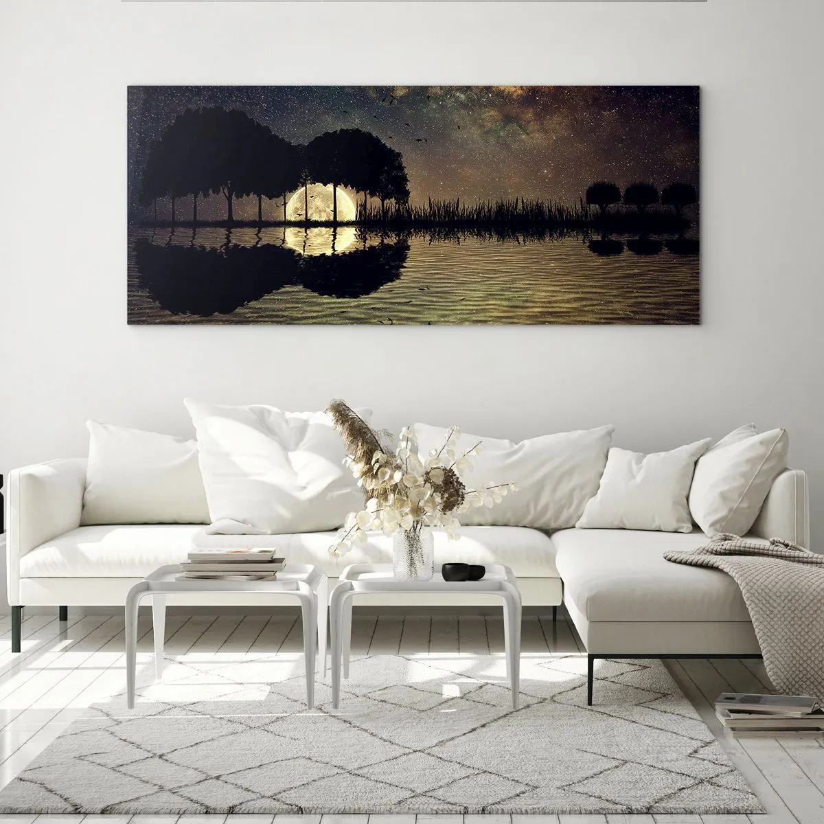 Glasbild - Bild auf glas - Eine magische Nacht mit Bäumen und dem Mond, der sich im Wasser spiegelt - 160x50cm - Nacht am Ende der Welt - Moderne Wanddekoration für Wohnzimmer und Schlafzimmer ARTTOR