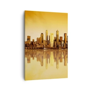 Bild auf Leinwand - Leinwandbild - Stadtpanorama spiegelt sich im Wasser bei Sonnenuntergang - 70x100cm - Die Stille der Metropole - Moderne Wanddekoration für Wohnzimmer und Schlafzimmer ARTTOR