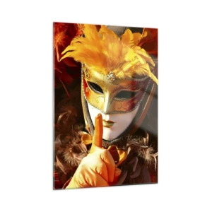 Glasbild - Bild auf glas - Eine Figur in einer goldenen Maske mit orangefarbenen Federn - 50x70cm - Geheimnis ist Teil des Spiels - Moderne Wanddekoration für Wohnzimmer und Schlafzimmer ARTTOR