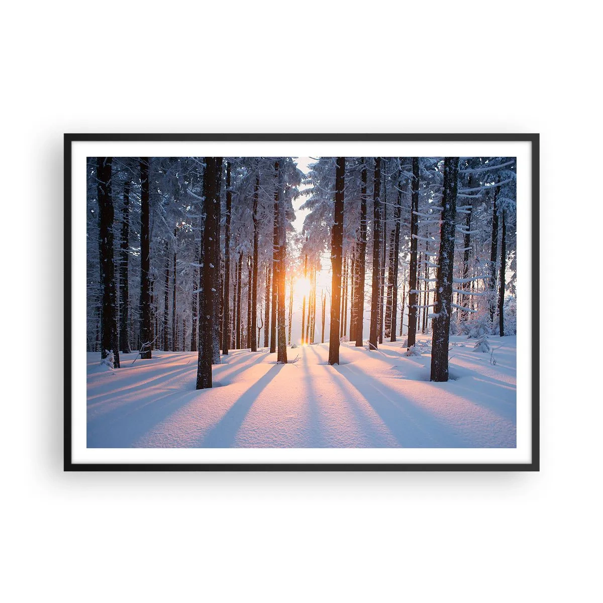 Poster in einem schwarzem Rahmen - Winterwald, beleuchtet von den Sonnenstrahlen - 100x70cm - Ganz klar schwarz auf weiß - Moderne Wanddekoration für Wohnzimmer und Schlafzimmer ARTTOR