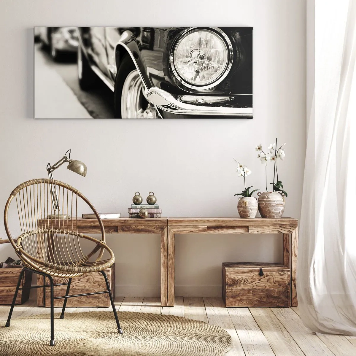 Bild auf Leinwand - Leinwandbild - Ein kultiger Oldtimer in elegantem Schwarz-Weiß - 140x50cm - Dauerhafter Glanz - Moderne Wanddekoration für Wohnzimmer und Schlafzimmer ARTTOR