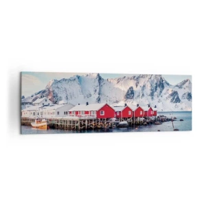 Bild auf Leinwand - Leinwandbild - Rote Häuser vor dem Hintergrund schneebedeckter Berge und des blauen Meeres - 160x50cm - Nördlicher Rückzug - Moderne Wanddekoration für Wohnzimmer und Schlafzimmer ARTTOR