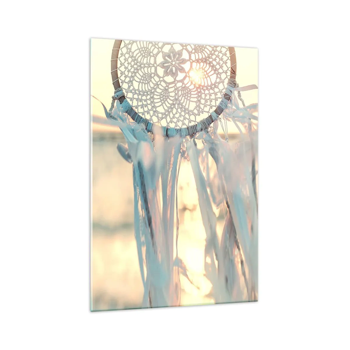 Glasbild - Bild auf glas - Ein zarter Traumfänger vor dem Hintergrund der untergehenden Sonne - 70x100cm - Totem aus Spitze - Moderne Wanddekoration für Wohnzimmer und Schlafzimmer ARTTOR