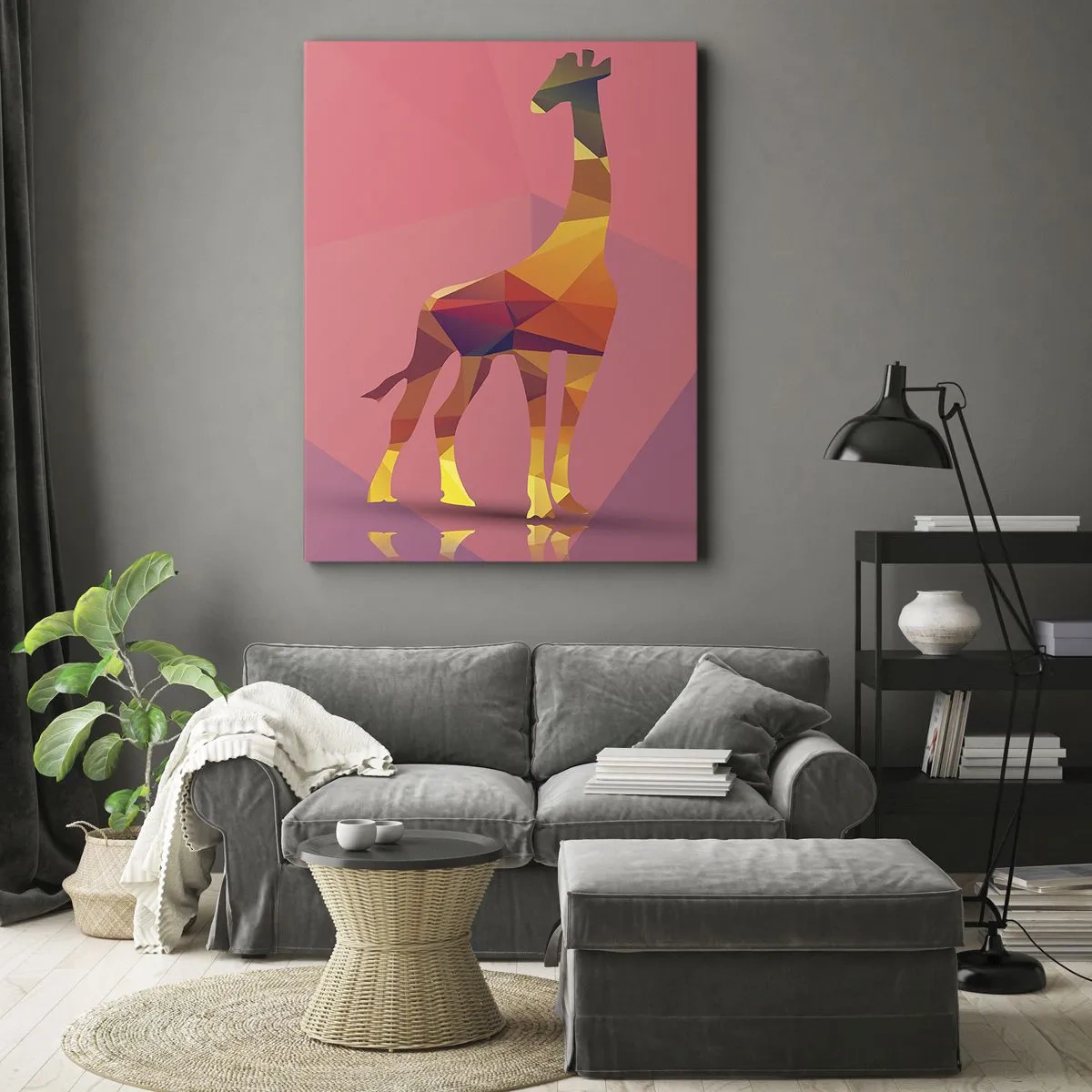 Bild auf Leinwand - Leinwandbild - Geometrische Giraffensilhouette in Pastelltönen von Rosa und Gelb - 50x70cm - In den Farben der Savanne - Moderne Wanddekoration für Wohnzimmer und Schlafzimmer ARTTOR
