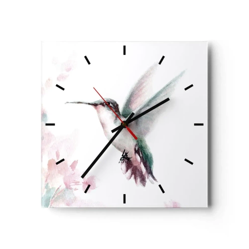 Wanduhr - Glasuhr - Ein Kolibri in zarten Pastellfarben vor einem Hintergrund aus Blumen - 30x30cm - Im Flattern gehalten - Moderne Wanddekoration für Wohnzimmer und Schlafzimmer ARTTOR