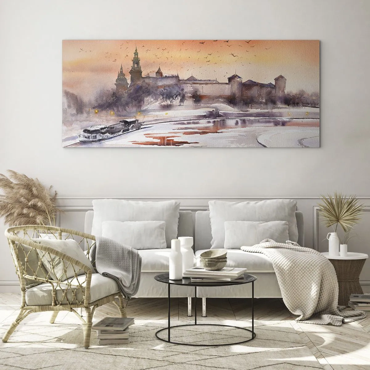 Glasbild - Bild auf glas - Sonnenuntergang über dem Schloss in einer Winterlandschaft - 160x50cm - Königlicher Sonnenuntergang - Moderne Wanddekoration für Wohnzimmer und Schlafzimmer ARTTOR