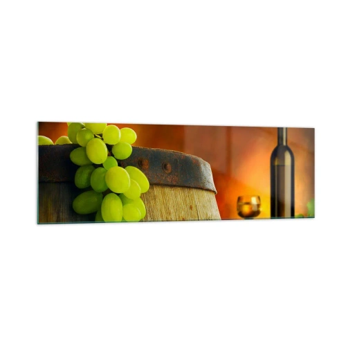 Glasbild - Bild auf glas - Trauben auf einem Weinfass mit warmer Farbgebung im Hintergrund - 160x50cm - Stillleben mit einer Flasche Wein und einer Weintraube - Moderne Wanddekoration für Wohnzimmer und Schlafzimmer ARTTOR