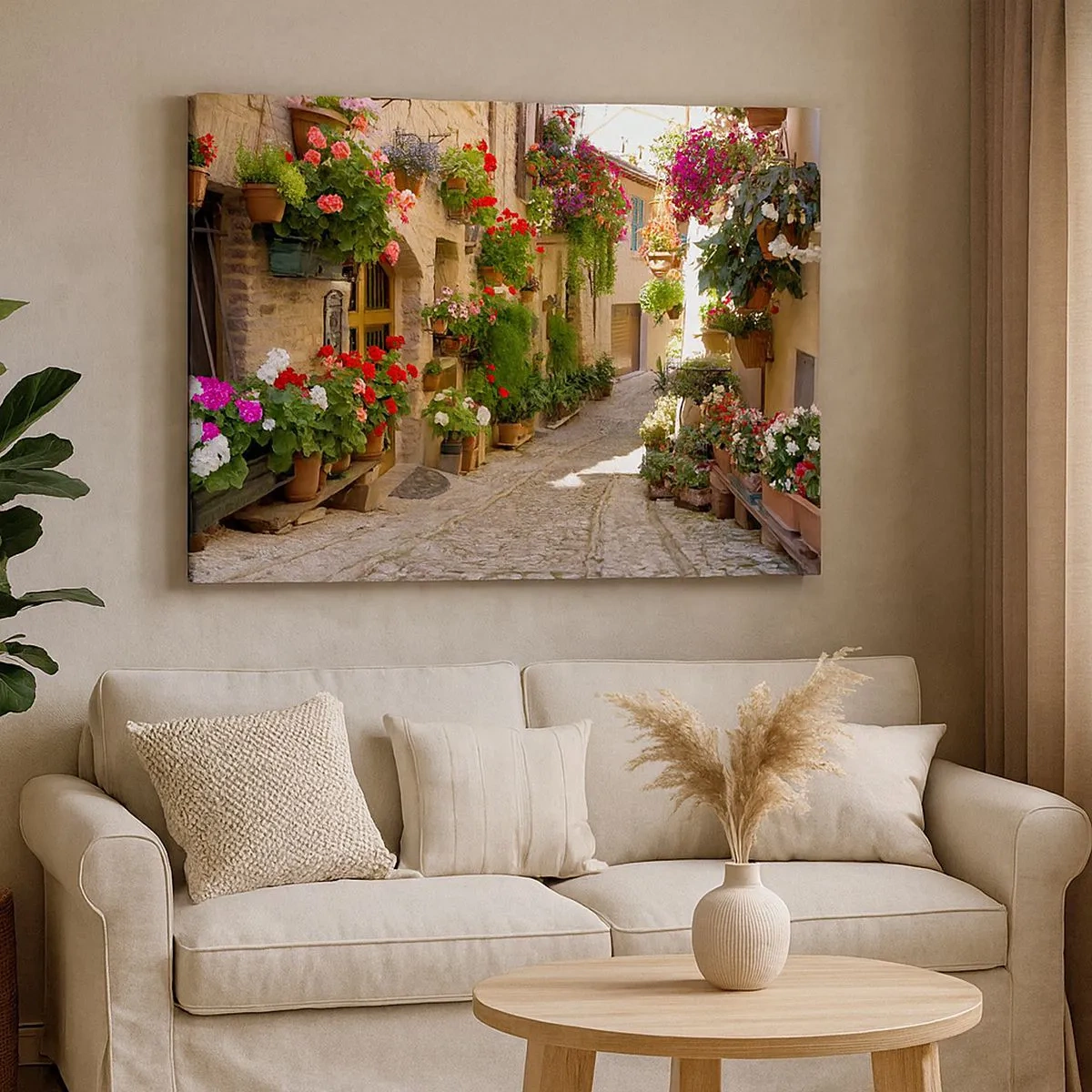 Bild auf Leinwand - Leinwandbild - Eine Straße mit Topfblumen und Steinmauern - 70x50cm - In der Flut Blumen - Moderne Wanddekoration für Wohnzimmer und Schlafzimmer ARTTOR