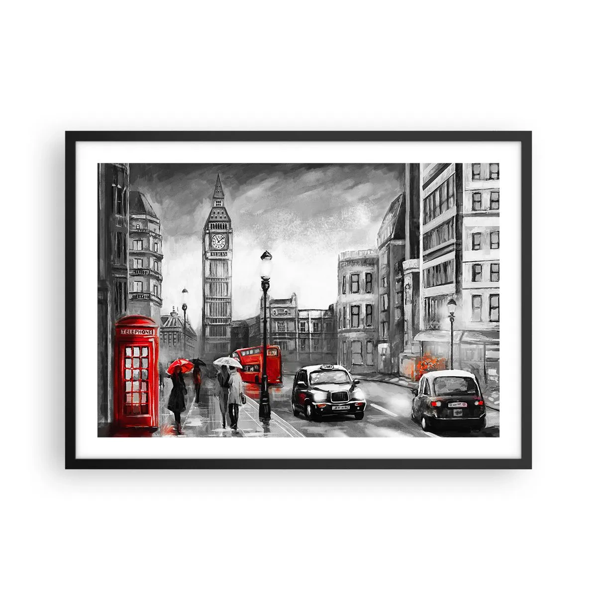 Poster in einem schwarzem Rahmen - Eine Londoner Szene in Schwarzweiß mit roten Akzenten - 70x50cm - Gar keine graue Stadt - Moderne Wanddekoration für Wohnzimmer und Schlafzimmer ARTTOR