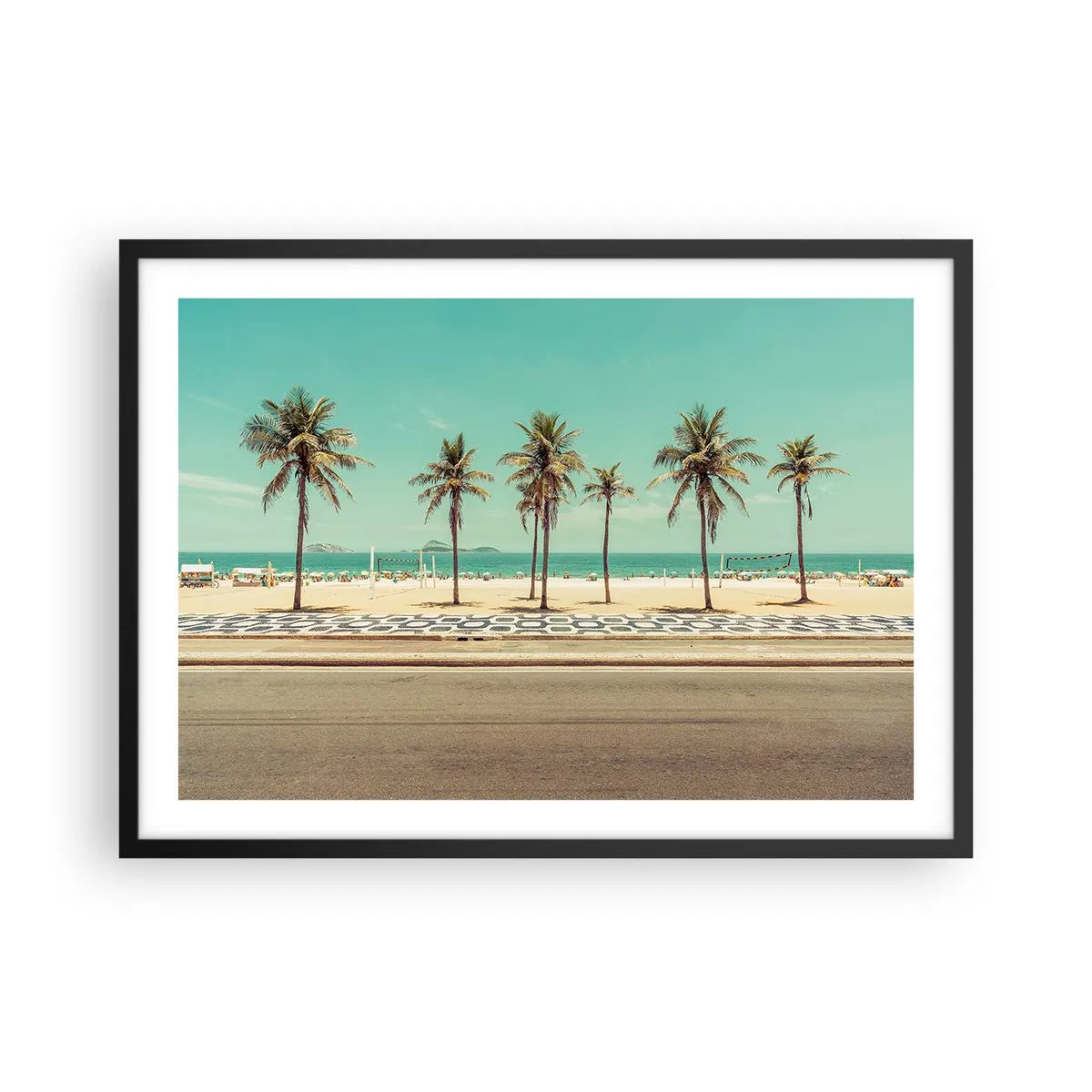 Poster in einem schwarzem Rahmen - Palmen am Strand mit Blick auf das Meer und den blauen Himmel - 70x50cm - Beim Bewachen des Strandes - Moderne Wanddekoration für Wohnzimmer und Schlafzimmer ARTTOR