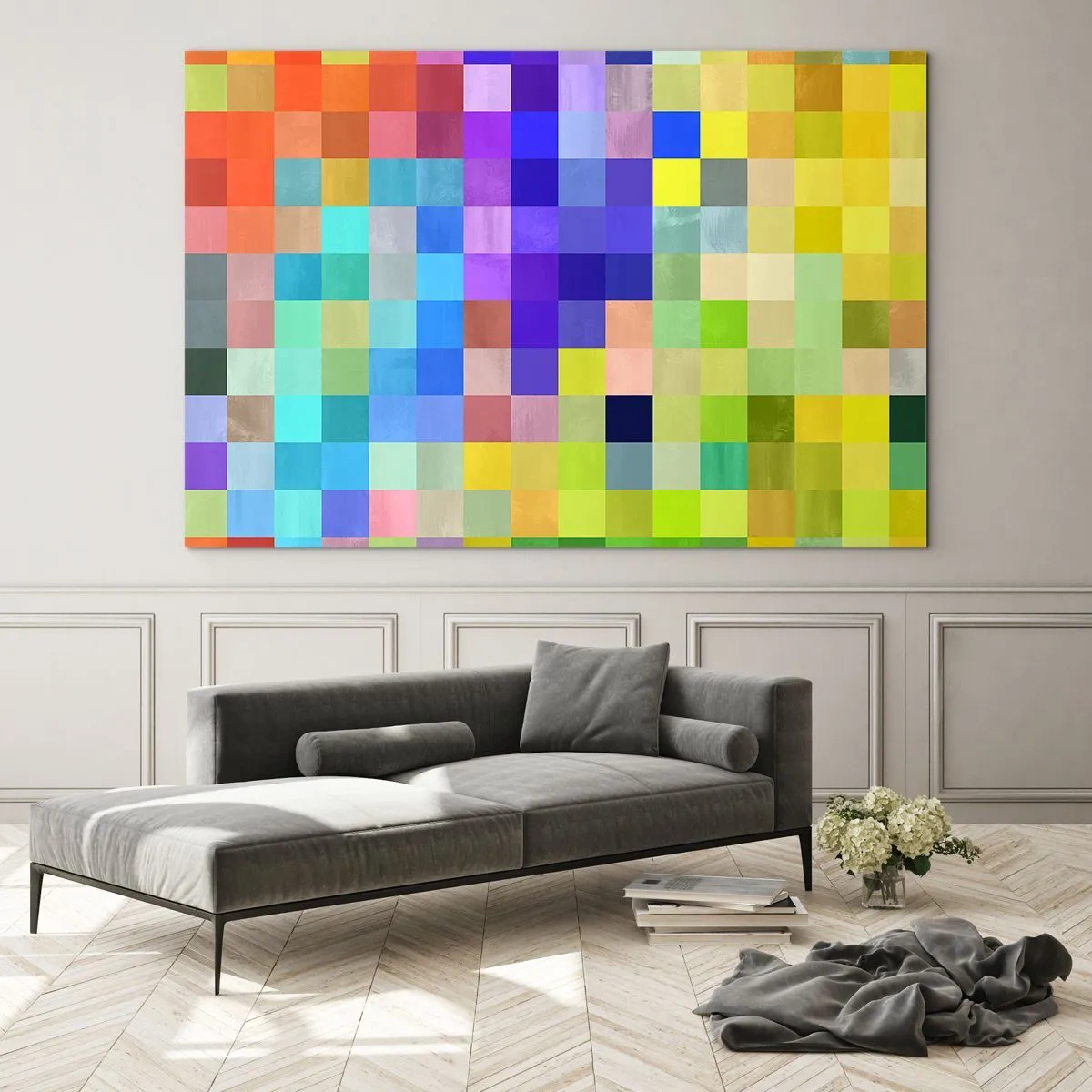 Glasbild - Bild auf glas - Bunte geometrische Blöcke in hellen und lebendigen Farbtönen - 70x50cm - Alle anderen, alle gleich - Moderne Wanddekoration für Wohnzimmer und Schlafzimmer ARTTOR