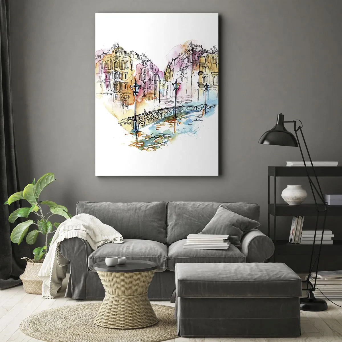 Bild auf Leinwand - Leinwandbild - Aquarell einer Brücke und herzförmigen Mietshäusern - 70x100cm - Das Herz der Stadt - Moderne Wanddekoration für Wohnzimmer und Schlafzimmer ARTTOR