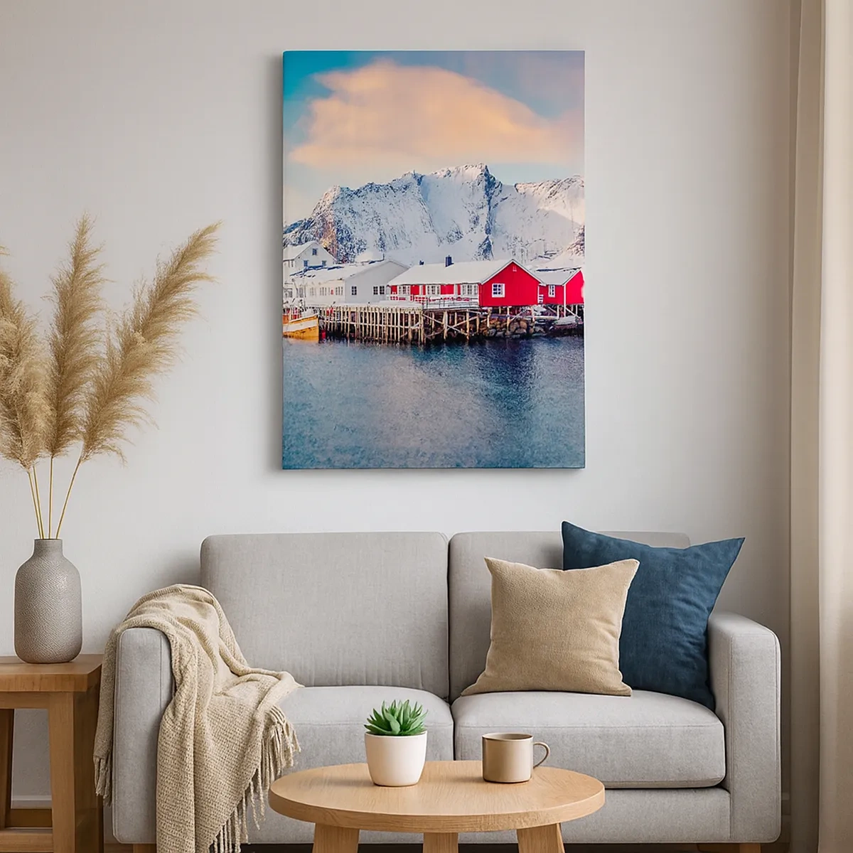 Bild auf Leinwand - Leinwandbild - Rote Häuser vor dem Hintergrund schneebedeckter Berge und des blauen Meeres - 50x70cm - Nördlicher Rückzug - Moderne Wanddekoration für Wohnzimmer und Schlafzimmer ARTTOR