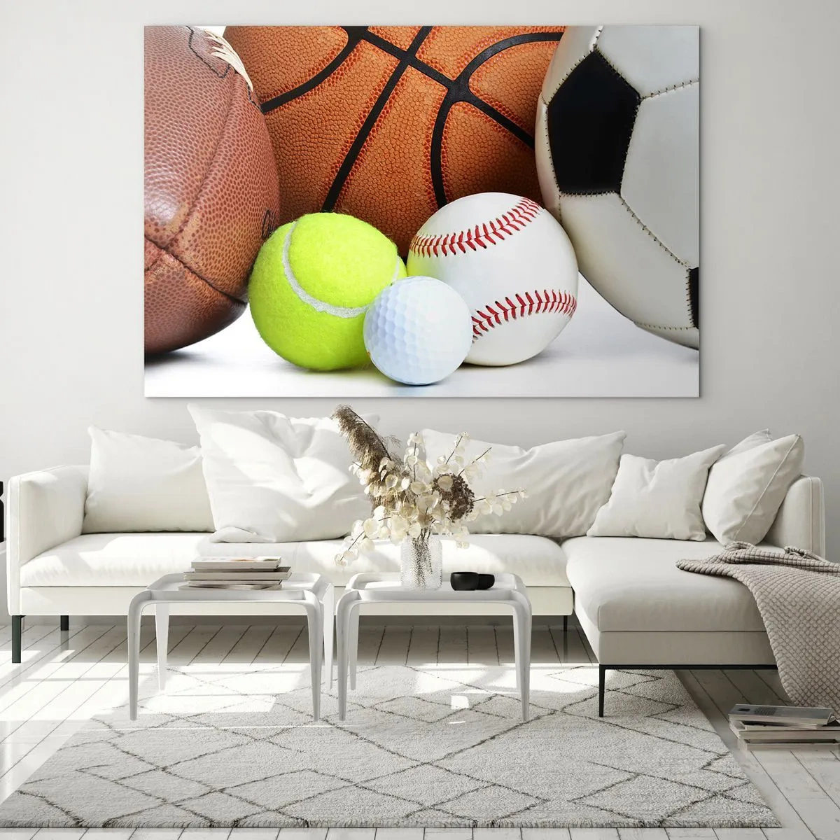 Glasbild - Bild auf glas - Eine Reihe von Sportbällen auf weißem Hintergrund - 120x80cm - Fußball verbindet uns! - Moderne Wanddekoration für Wohnzimmer und Schlafzimmer ARTTOR