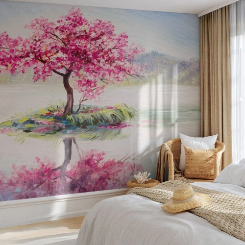Fototapete Premium Canvas - Ein blühender Baum auf stillem Wasser - 100x70cm - Der Ritus des Frühlings - Moderne Wanddekoration für Wohnzimmer und Schlafzimmer ARTTOR