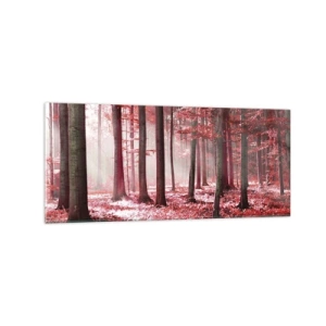 Glasbild - Bild auf glas - Ein atemberaubender Wald in roten Farbtönen mit Lichtstrahlen, die durch die Bäume dringen - 120x50cm - Rot ist genauso schön - Moderne Wanddekoration für Wohnzimmer und Schlafzimmer ARTTOR