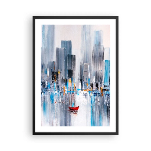 Poster in einem schwarzem Rahmen - Ein abstraktes Gemälde, das die Skyline einer Stadt über dem Wasser mit einem roten Boot zeigt. - 50x70cm - Metropole an der Bucht - Moderne Wanddekoration für Wohnzimmer und Schlafzimmer ARTTOR