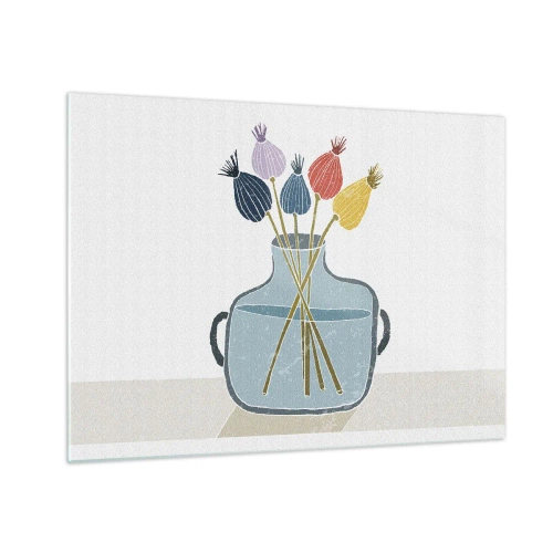 Glasbild - Bild auf glas - Dekorative Mohnköpfe in einer Kanne im grafischen Stil - 70x50cm - Es ist mucksmäuschenstill - Moderne Wanddekoration für Wohnzimmer und Schlafzimmer ARTTOR