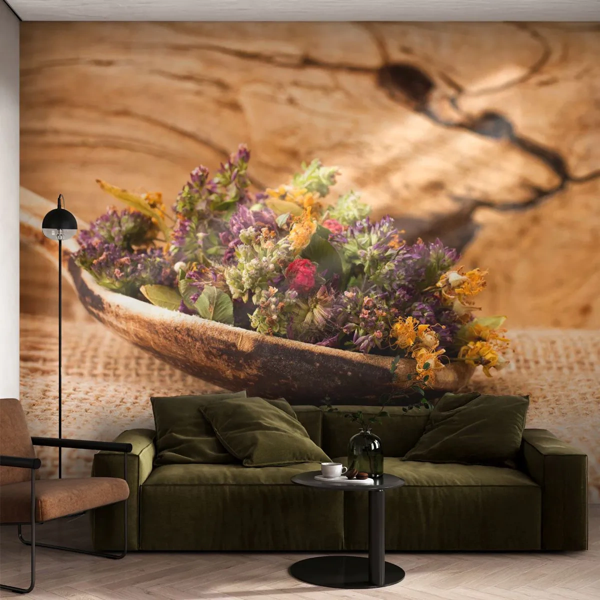 Fototapete Premium Sand - Getrocknete Kräuter auf einem rustikalen Holzlöffel - 100x70cm - Bunte Blumen und duftende Kräuter - Moderne Wanddekoration für Wohnzimmer und Schlafzimmer ARTTOR