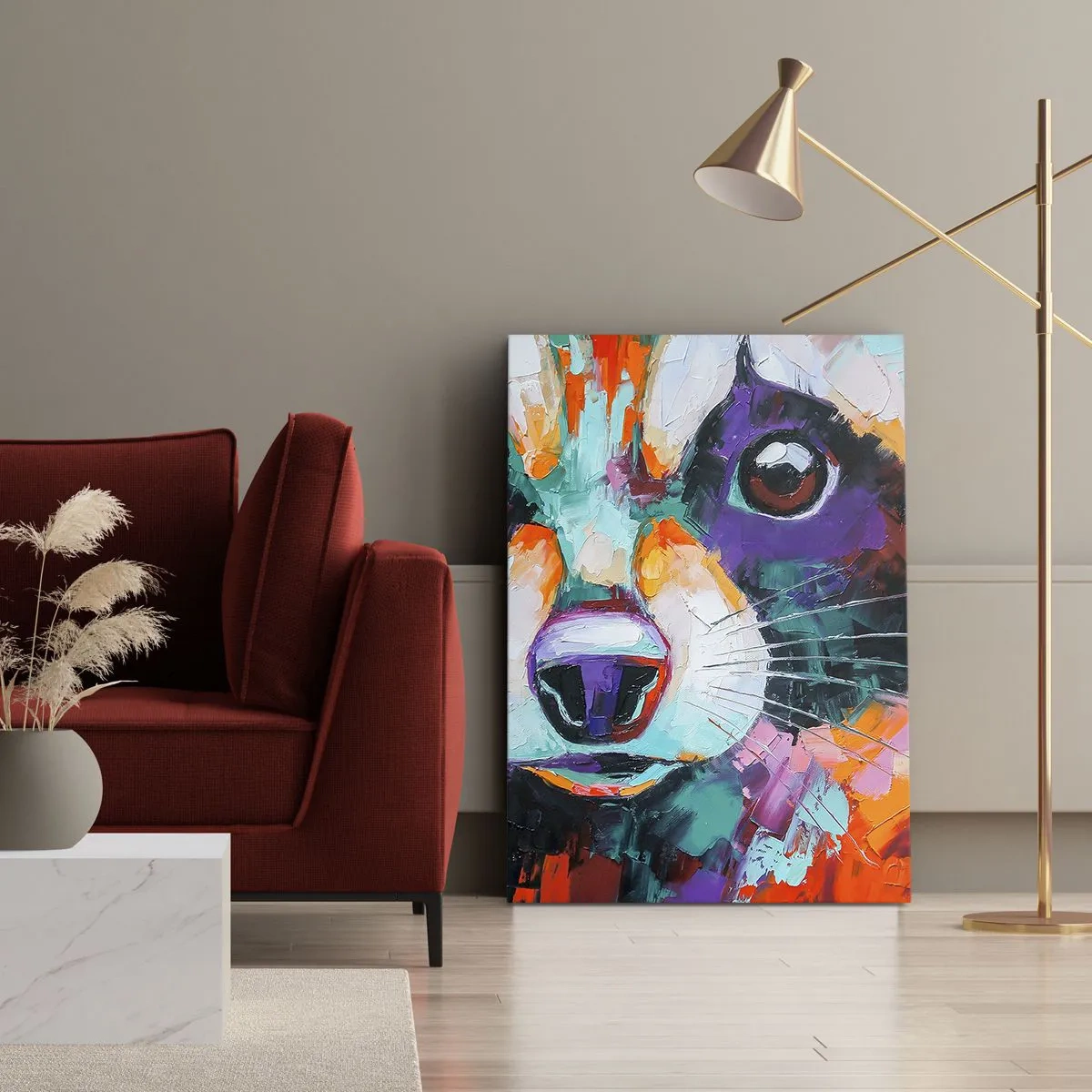 Bild auf Leinwand - Leinwandbild - Ein farbenfrohes Porträt eines Waschbären im Stil der expressiven Malerei. - 80x120cm - Nur gute Emotionen - Moderne Wanddekoration für Wohnzimmer und Schlafzimmer ARTTOR