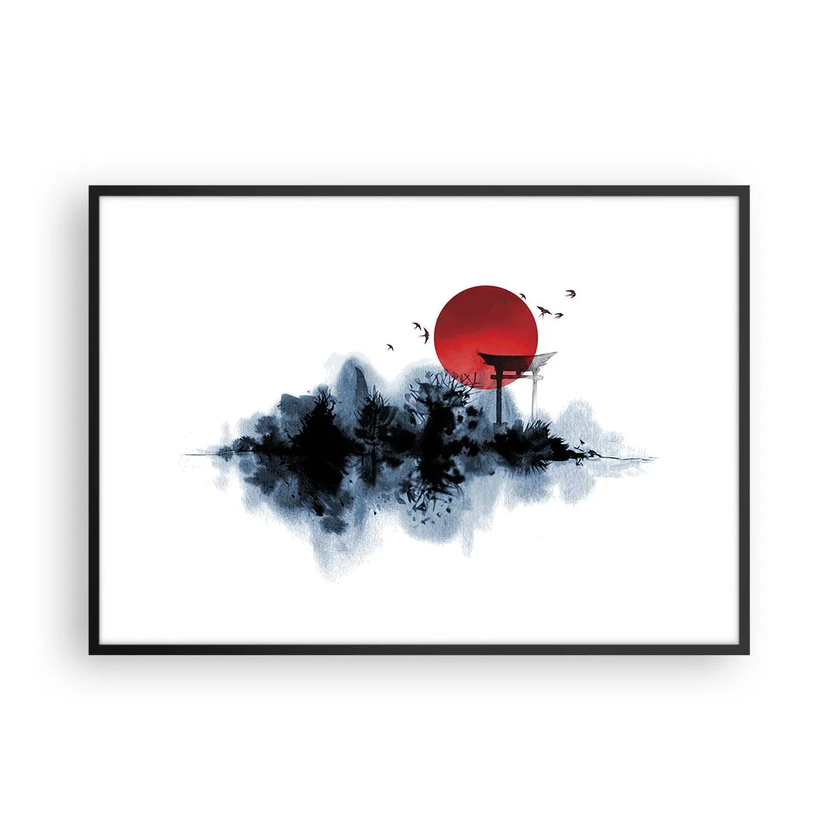 Poster in einem schwarzem Rahmen - Rote Sonne über einer malerischen Landschaft mit Torii - 100x70cm - Japanische Sicht - Moderne Wanddekoration für Wohnzimmer und Schlafzimmer ARTTOR