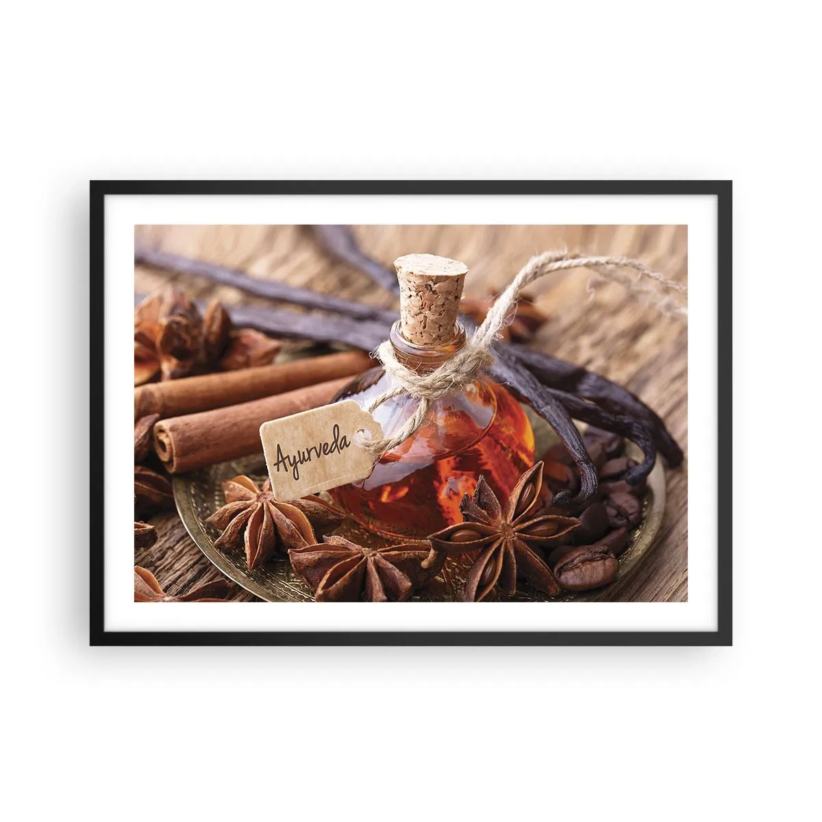 Poster in einem schwarzem Rahmen - Eine Flasche Gewürzöl auf einem Tablett - 70x50cm - Zur Einheit von Körper und Geist - Moderne Wanddekoration für Wohnzimmer und Schlafzimmer ARTTOR