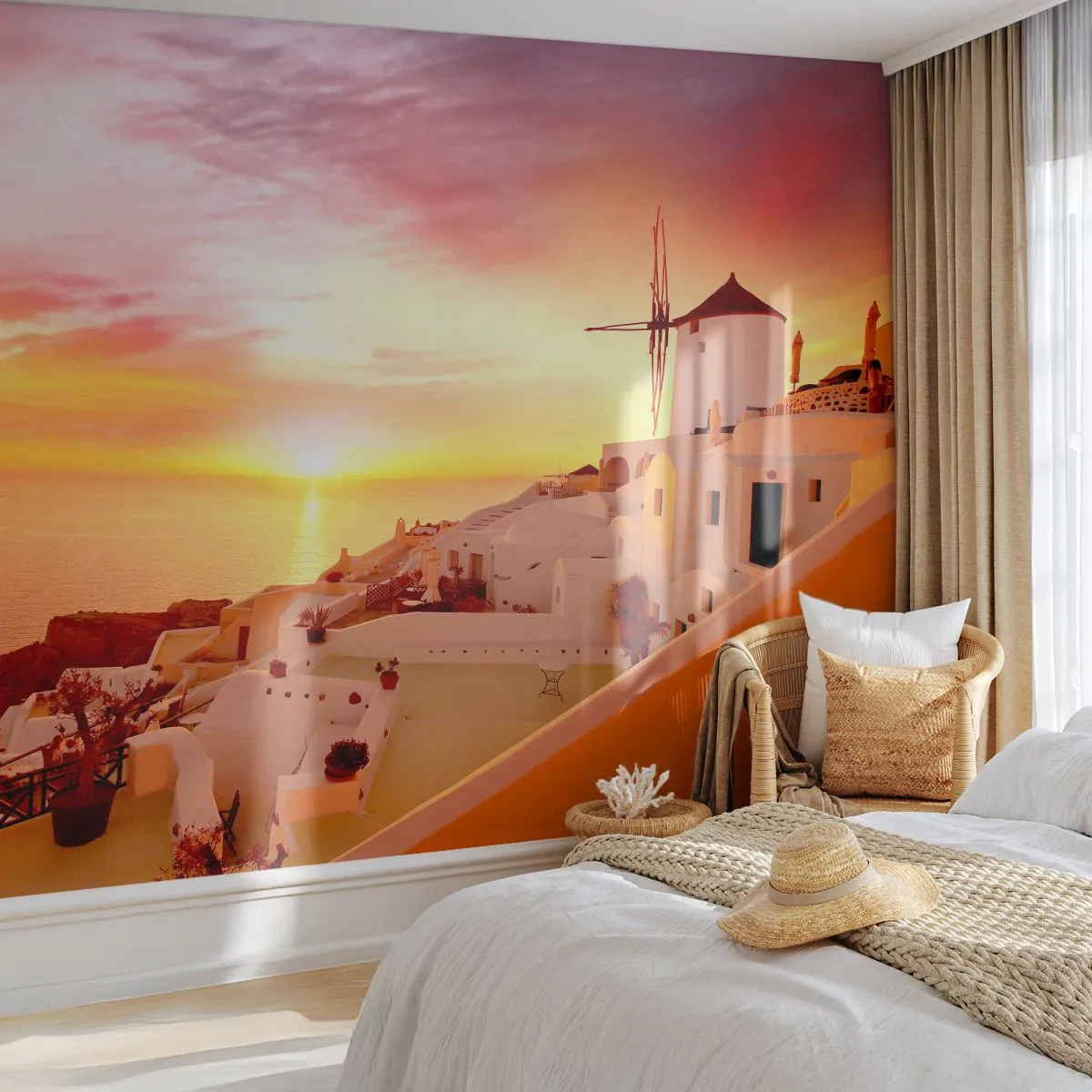 Selbstklebende Fototapete Deluxe Sticker - In Weiß und Gold schmelzen - Landschaft, Santorin, Griechenland - 150x105 cm